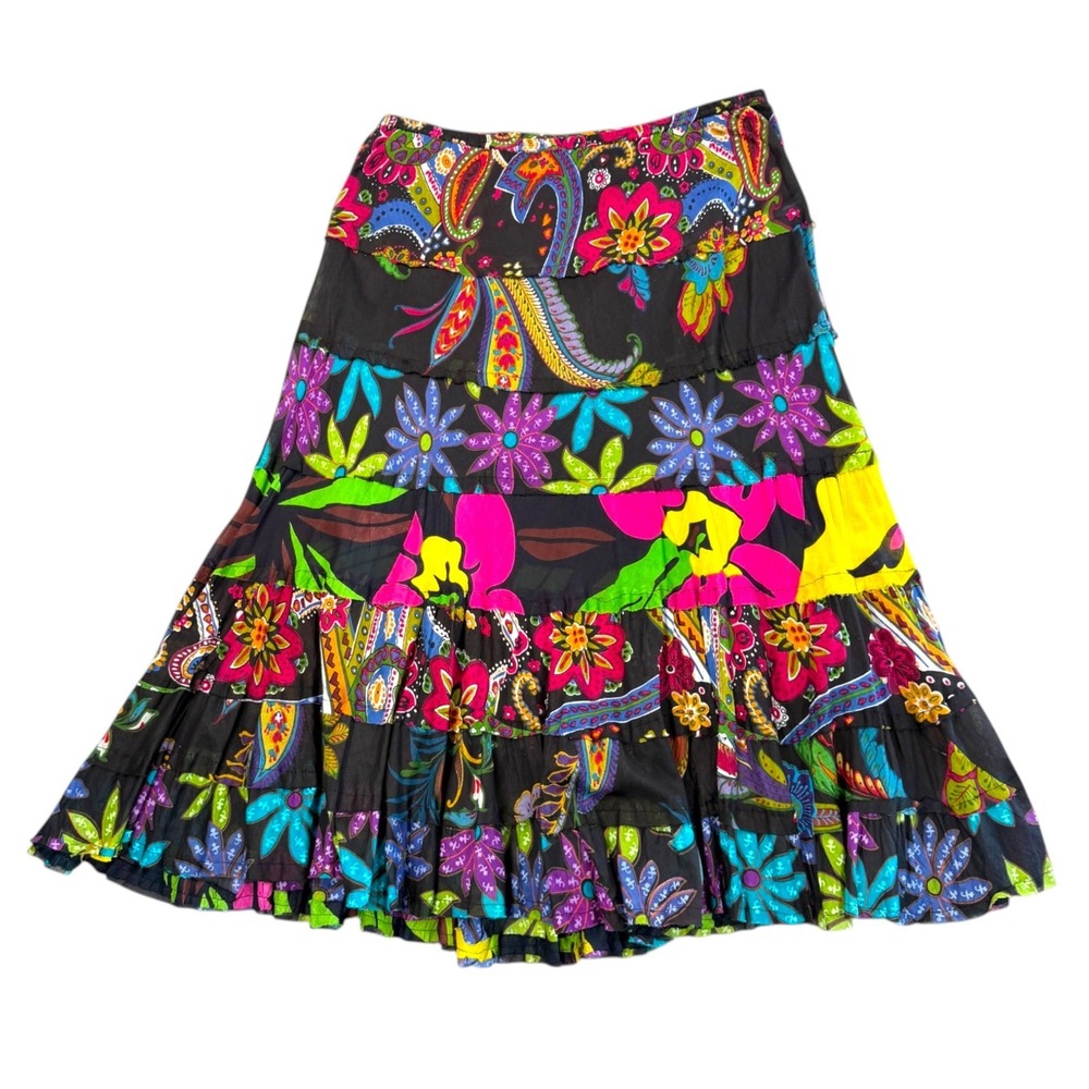Patchwork Crinkle Tiered Maxi Skirt Sz L Petite Black Hippie Boho Whimsigoth